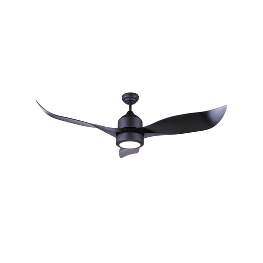 angled photo of a black 52 inche 3 blade ceiling fan, with a light in the middle.  Light is covered with an acrylic lens